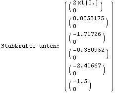 Stabkr&auml;fte unten:  ( {{( {{2 xL[0.]}, {0}} )}, {( {{0.0853175}, {0}} )}, {( {{-1.71726}, {0}} )}, {( {{-0.380952}, {0}} )}, {( {{-2.41667}, {0}} )}, {( {{-1.5}, {0}} )}} )